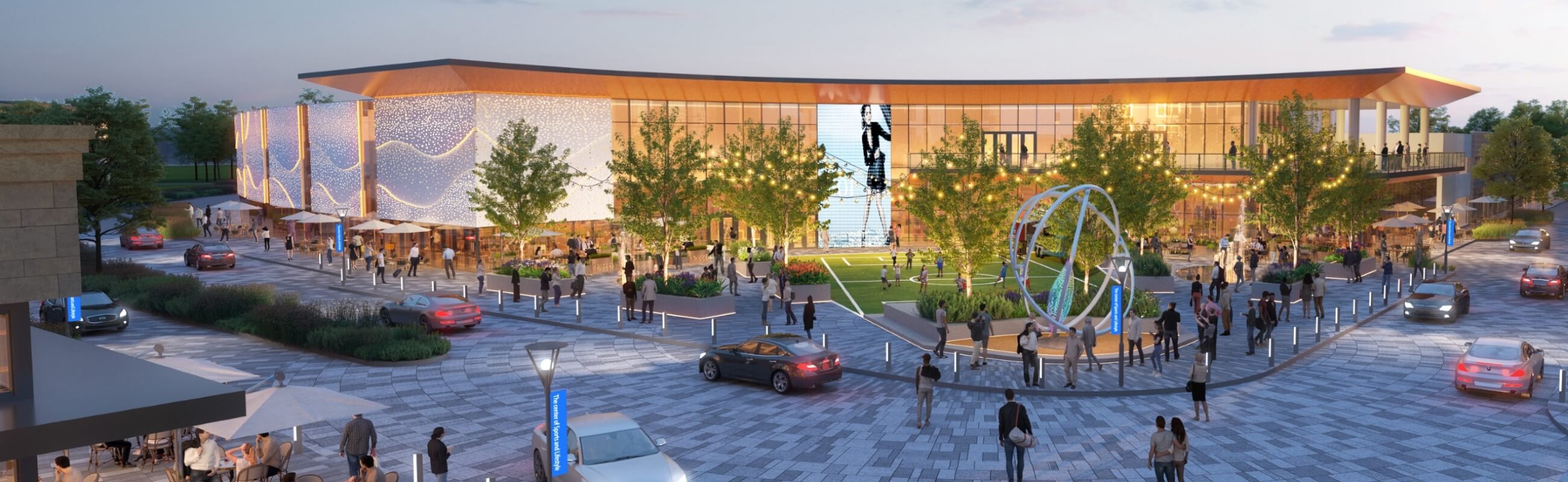 North River District rendering with landscaped seating and retail storefronts at dusk