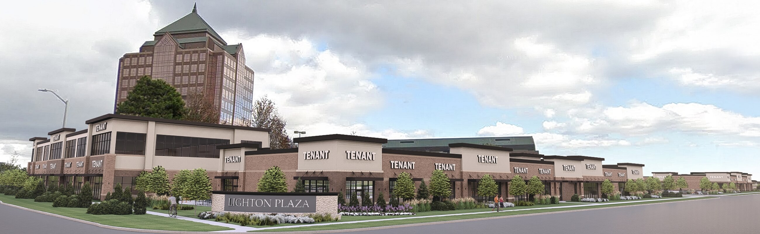 Lighton Plaza rendering with storefronts and office building behind